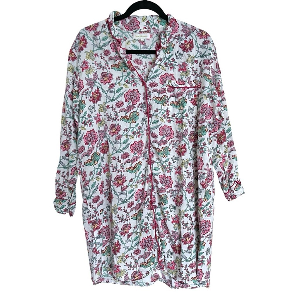 World Market Floral 100% Cotton Button Down Long Sleeve Collared Sleep Dress - Picture 2 of 5